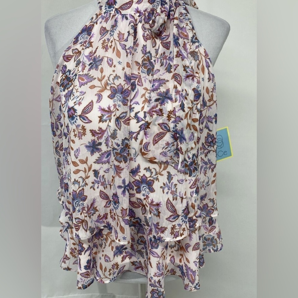 CeCe Floral Halter Ruffled Top in Cream, Purple, Brown